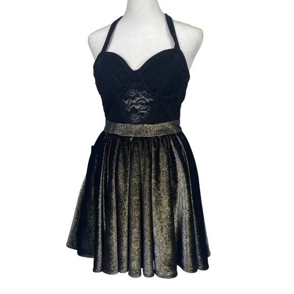 BeBe Lace Metallic Velvet Skater Dress Womens XXS Black Gold Goth Flapper Sheer - Picture 3 of 14